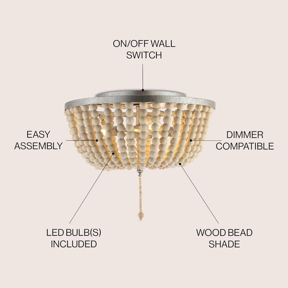 JONATHAN Y Allison 15" Wood Beaded LED Flush Mount Light | Antiqued Silver JYL90 - Picture 4 of 8